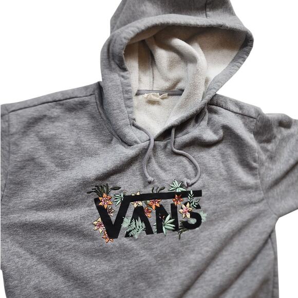 VANS Hoodie Womens Medium Floral Embroidered Raw Hem Cut Off Pullover Sweatshirt - Picture 1 of 16